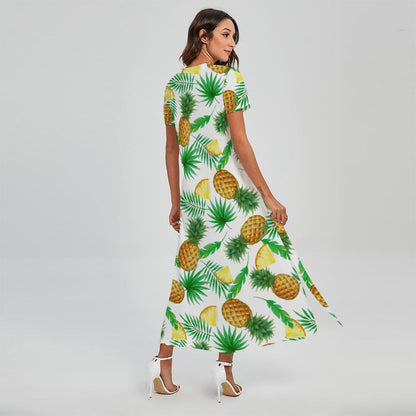 White Watercolor Pineapple Pattern Print Short Sleeve Maxi Dress