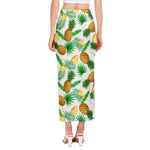 White Watercolor Pineapple Pattern Print Side Slit Maxi Skirt