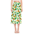 White Watercolor Pineapple Pattern Print Side Slit Midi Skirt