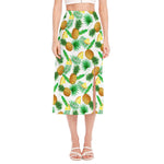 White Watercolor Pineapple Pattern Print Side Slit Midi Skirt
