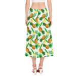 White Watercolor Pineapple Pattern Print Side Slit Midi Skirt