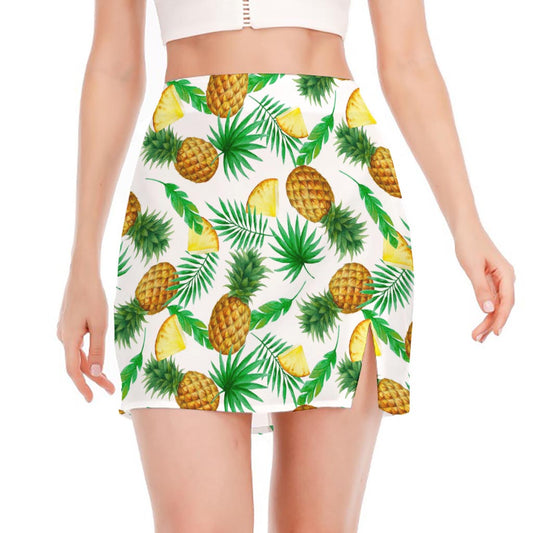 White Watercolor Pineapple Pattern Print Side Slit Mini Skirt