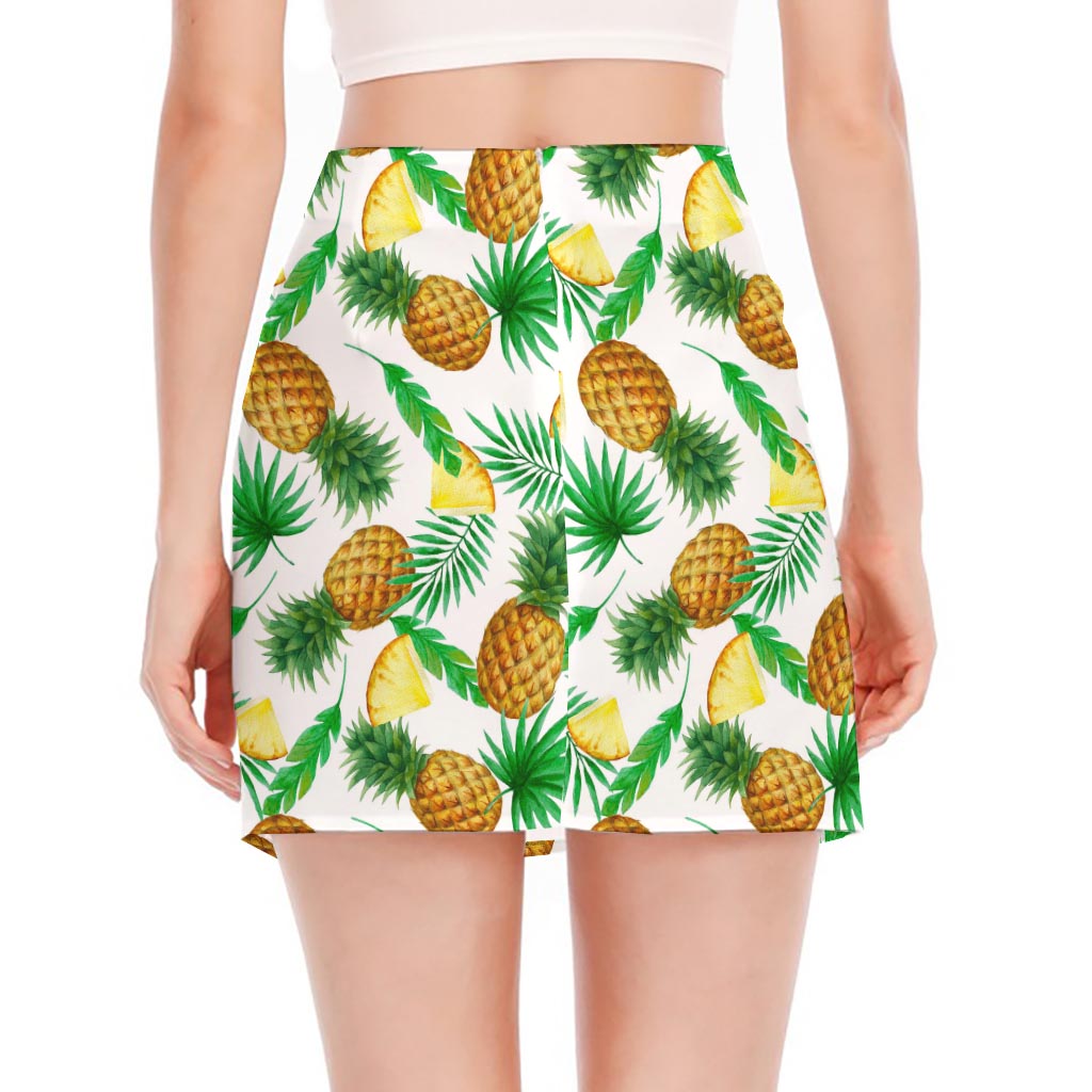 White Watercolor Pineapple Pattern Print Side Slit Mini Skirt