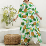 White Watercolor Pineapple Pattern Print Silk V-Neck Kaftan Dress