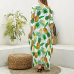 White Watercolor Pineapple Pattern Print Silk V-Neck Kaftan Dress