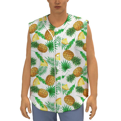 White Watercolor Pineapple Pattern Print Sleeveless Baseball Jersey