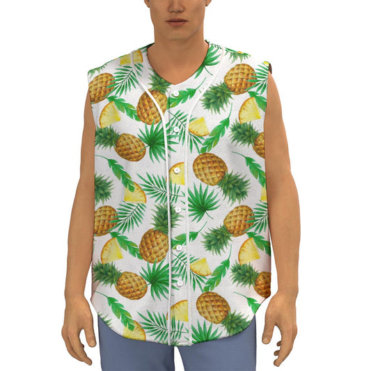 White Watercolor Pineapple Pattern Print Sleeveless Baseball Jersey