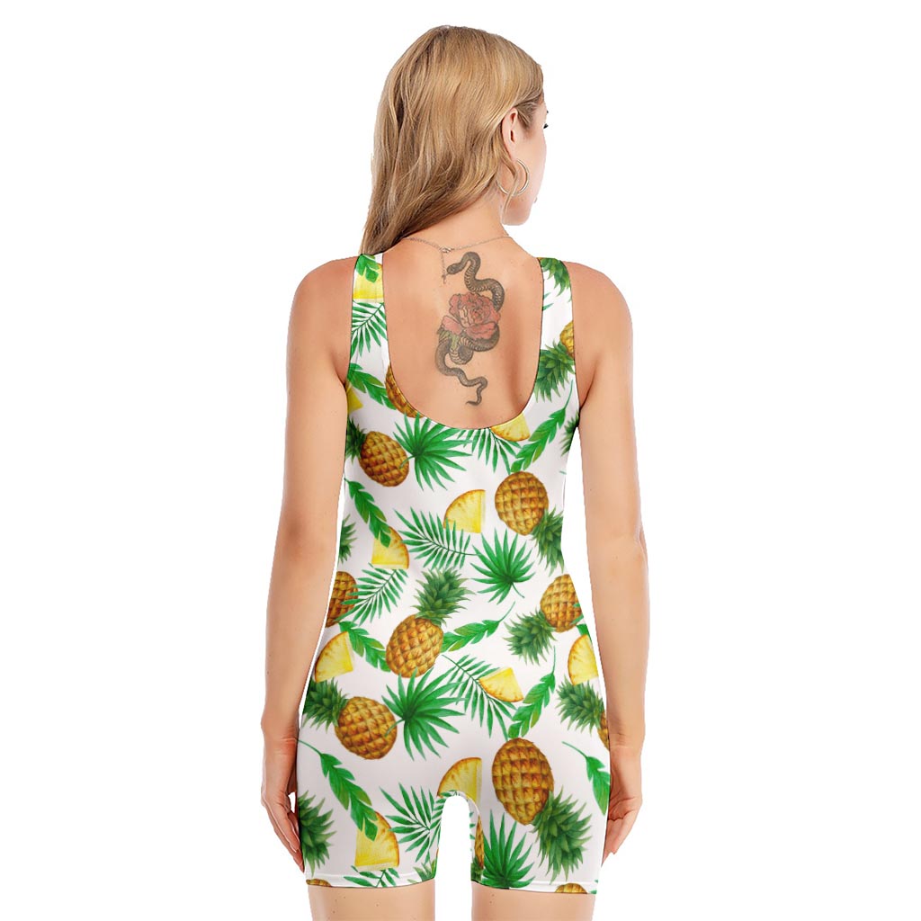 White Watercolor Pineapple Pattern Print Sleeveless One Piece Swimsuit