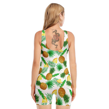 White Watercolor Pineapple Pattern Print Sleeveless One Piece Swimsuit