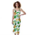 White Watercolor Pineapple Pattern Print Slim Fit Midi Cami Dress