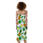 White Watercolor Pineapple Pattern Print Slim Fit Midi Cami Dress