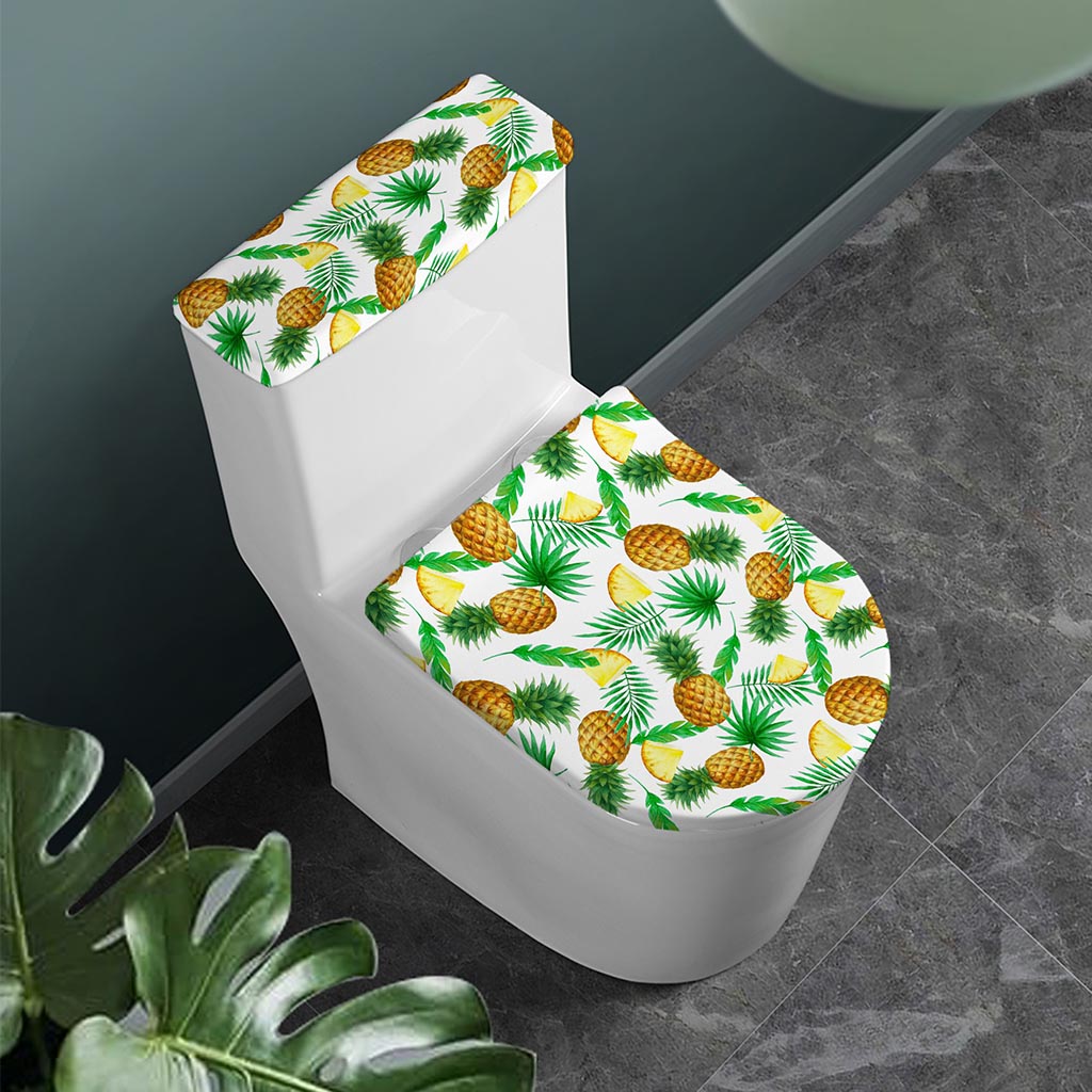 White Watercolor Pineapple Pattern Print Toilet Lid And Tank Cover Set