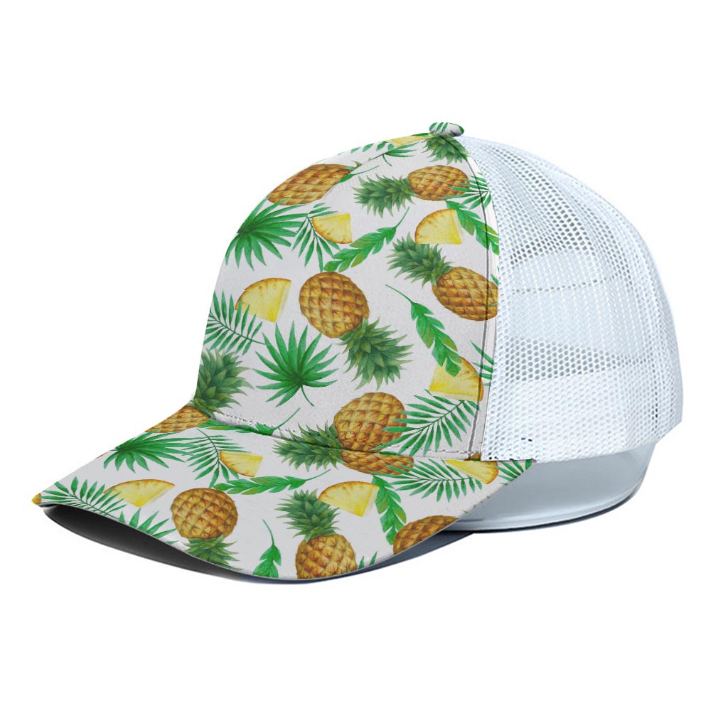 White Watercolor Pineapple Pattern Print White Mesh Trucker Cap