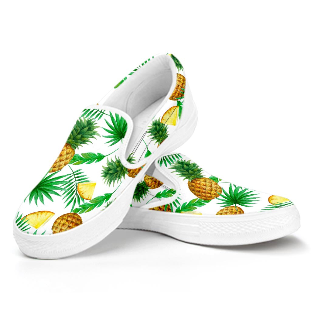 White Watercolor Pineapple Pattern Print White Slip On Sneakers