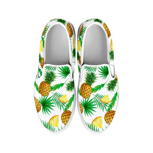 White Watercolor Pineapple Pattern Print White Slip On Sneakers