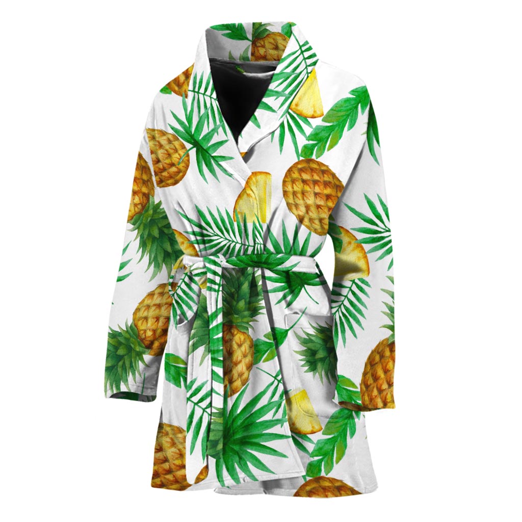 White Watercolor Pineapple Pattern Print Women's Bathrobe