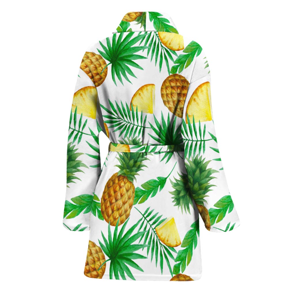White Watercolor Pineapple Pattern Print Women's Bathrobe