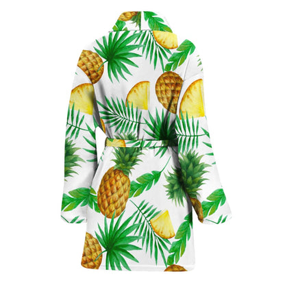 White Watercolor Pineapple Pattern Print Women's Bathrobe