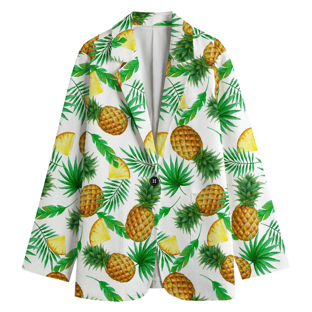 White Watercolor Pineapple Pattern Print Women's Blazer