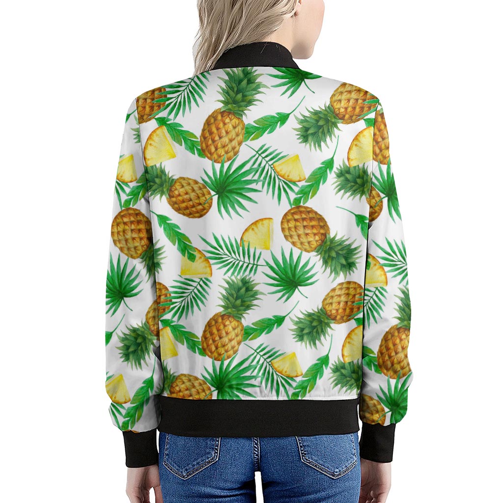 White Watercolor Pineapple Pattern Print Women's Bomber Jacket