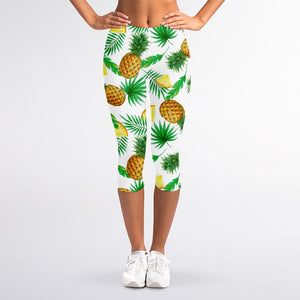 White Watercolor Pineapple Pattern Print Women's Capri Leggings