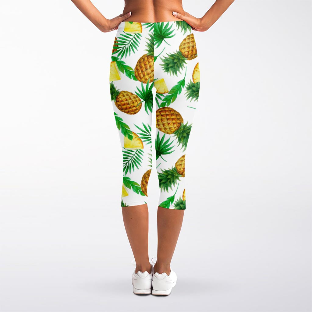 White Watercolor Pineapple Pattern Print Women's Capri Leggings