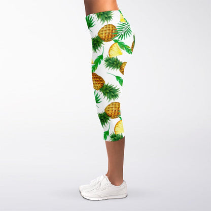 White Watercolor Pineapple Pattern Print Women's Capri Leggings