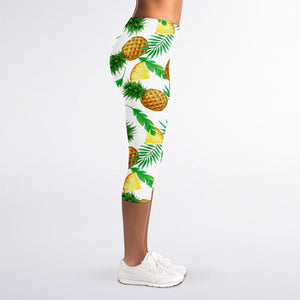 White Watercolor Pineapple Pattern Print Women's Capri Leggings