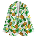 White Watercolor Pineapple Pattern Print Women's Cotton Blazer