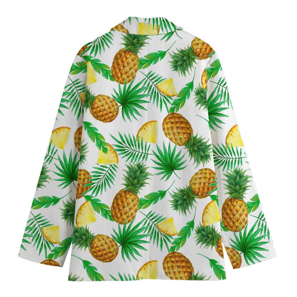 White Watercolor Pineapple Pattern Print Women's Cotton Blazer