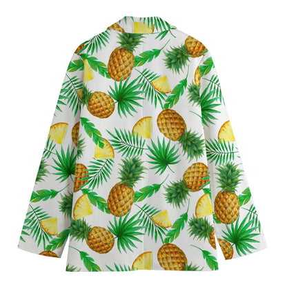 White Watercolor Pineapple Pattern Print Women's Cotton Blazer