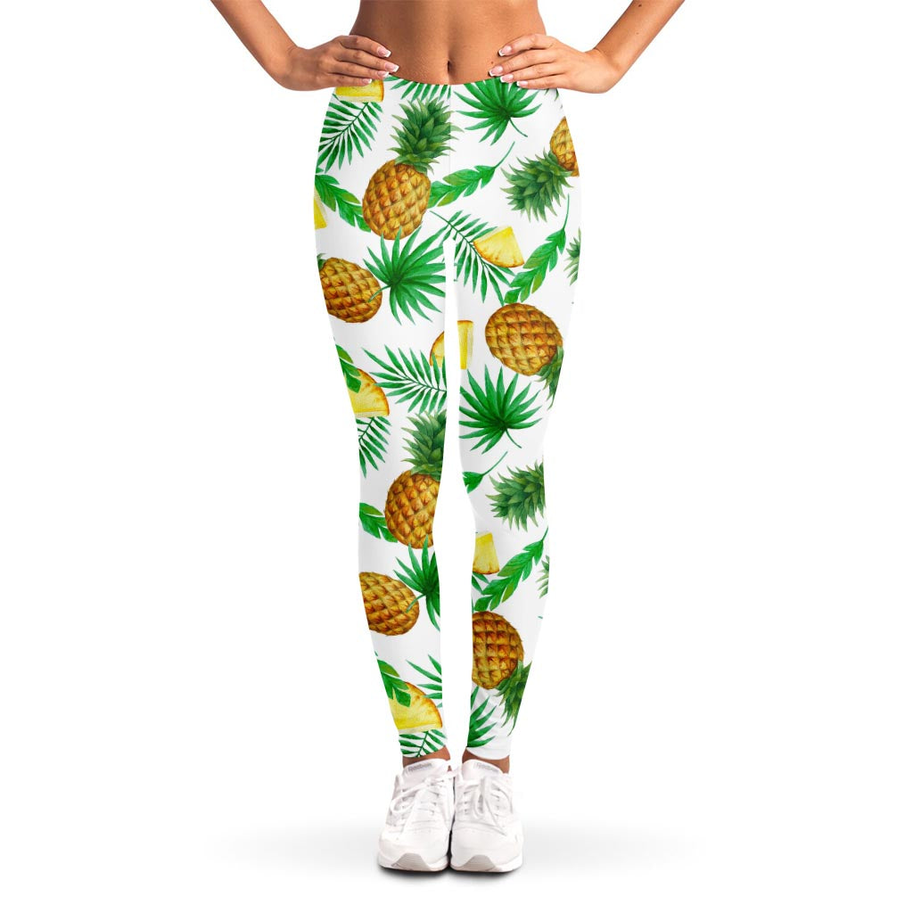 White Watercolor Pineapple Pattern Print Women's Leggings