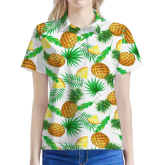 White Watercolor Pineapple Pattern Print Women's Polo Shirt