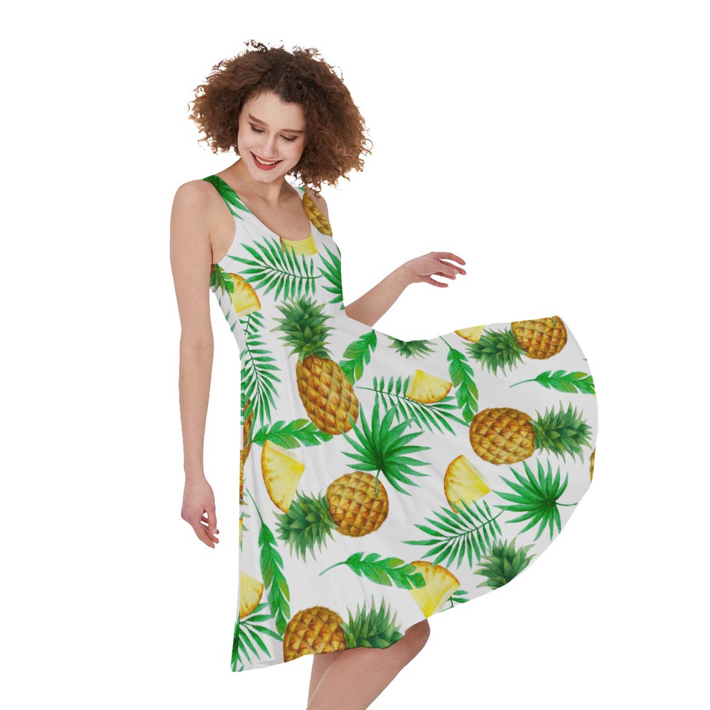 White Watercolor Pineapple Pattern Print Women's Sleeveless Dress