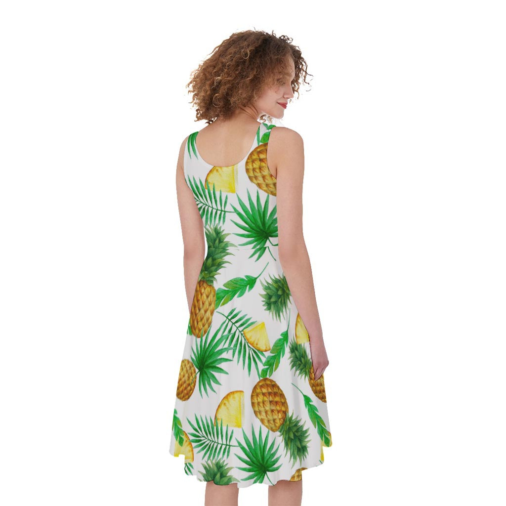 White Watercolor Pineapple Pattern Print Women's Sleeveless Dress