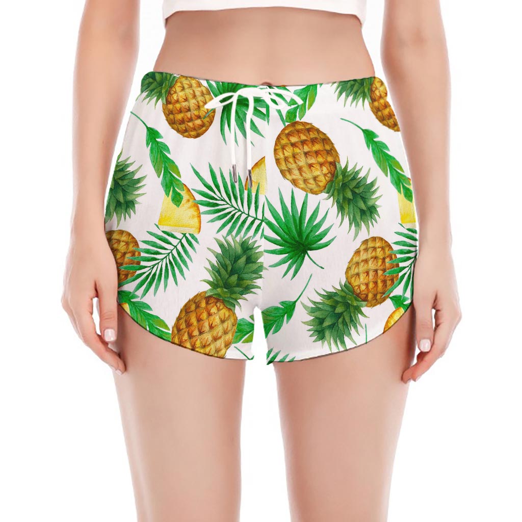 White Watercolor Pineapple Pattern Print Women's Split Running Shorts
