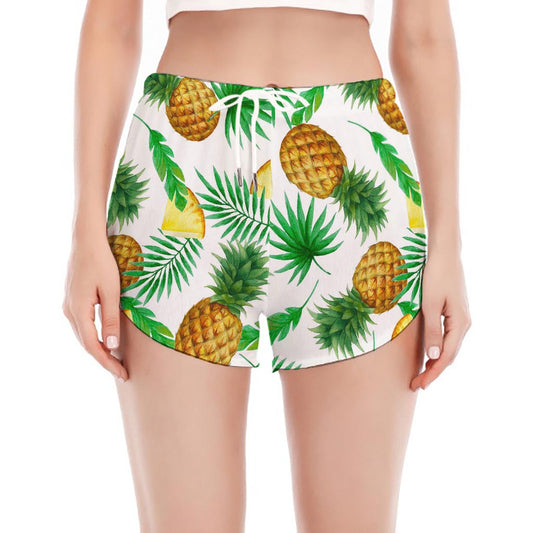White Watercolor Pineapple Pattern Print Women's Split Running Shorts