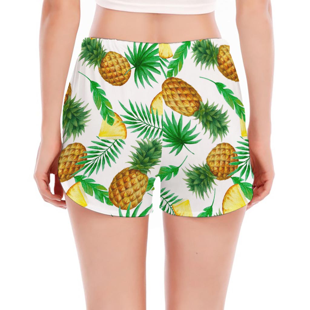 White Watercolor Pineapple Pattern Print Women's Split Running Shorts