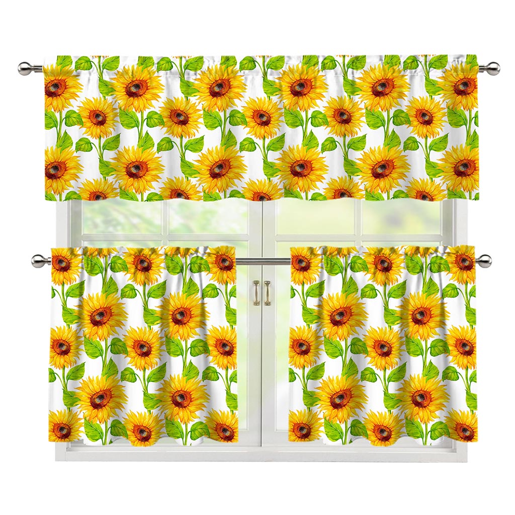 White Watercolor Sunflower Pattern Print 3 Piece Kitchen Curtains