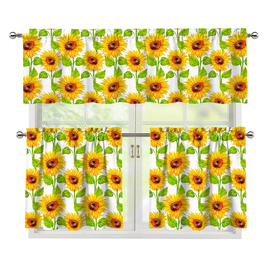 White Watercolor Sunflower Pattern Print 3 Piece Kitchen Curtains