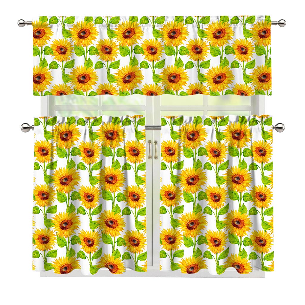 White Watercolor Sunflower Pattern Print 3 Piece Kitchen Curtains