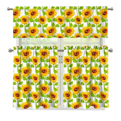 White Watercolor Sunflower Pattern Print 3 Piece Kitchen Curtains