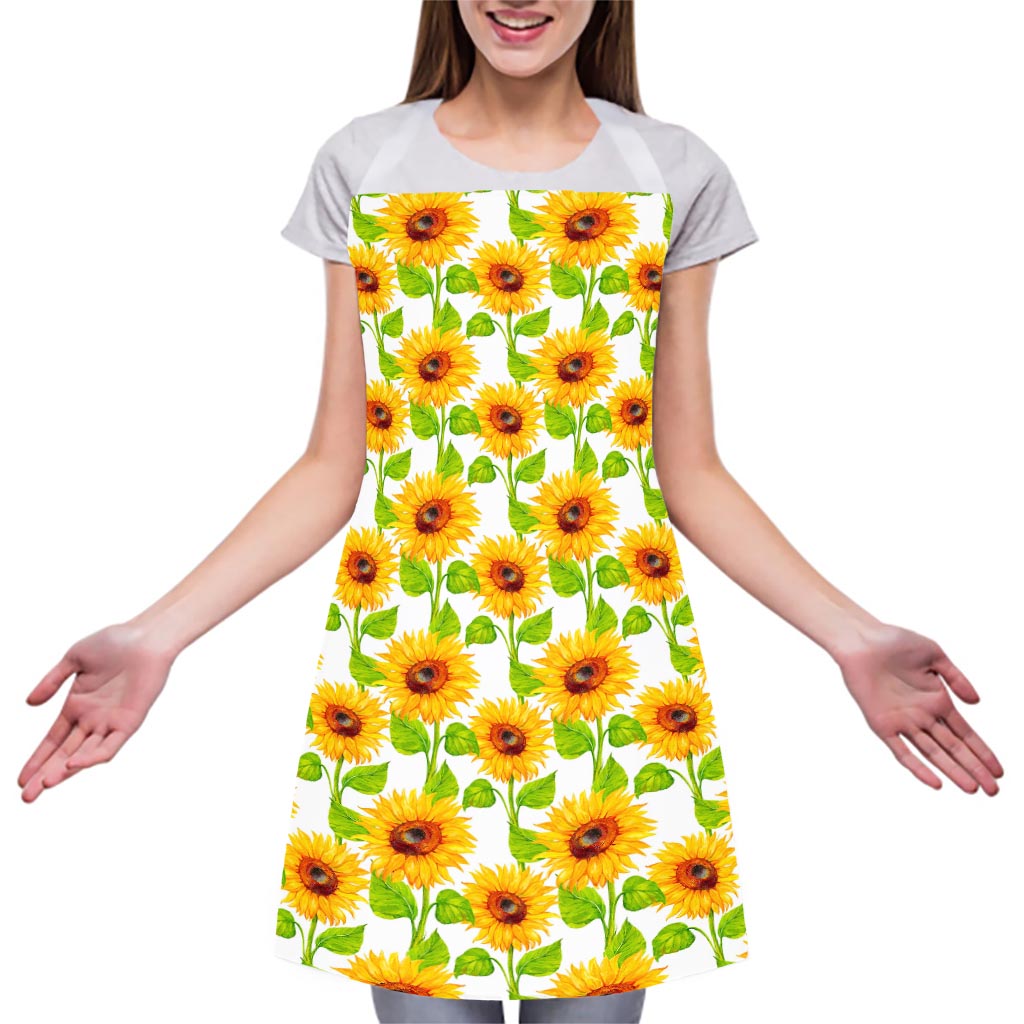 White Watercolor Sunflower Pattern Print Adjustable Apron