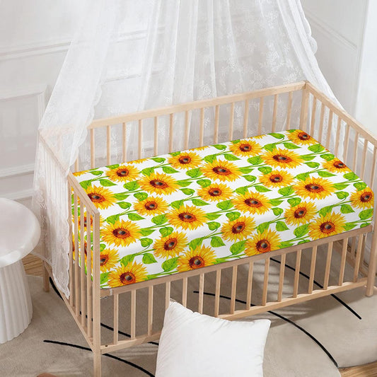 White Watercolor Sunflower Pattern Print Baby Crib Sheet