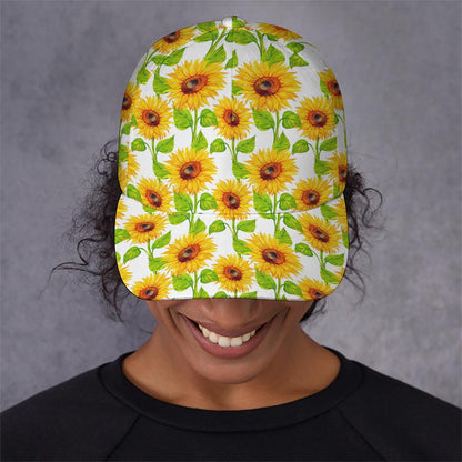 White Watercolor Sunflower Pattern Print Baseball Cap