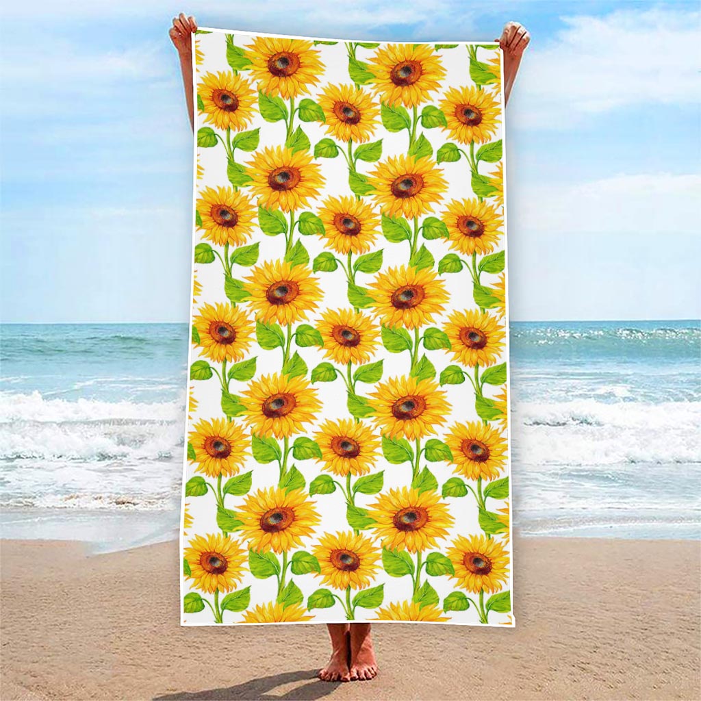 White Watercolor Sunflower Pattern Print Beach Towel