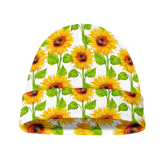 White Watercolor Sunflower Pattern Print Beanie