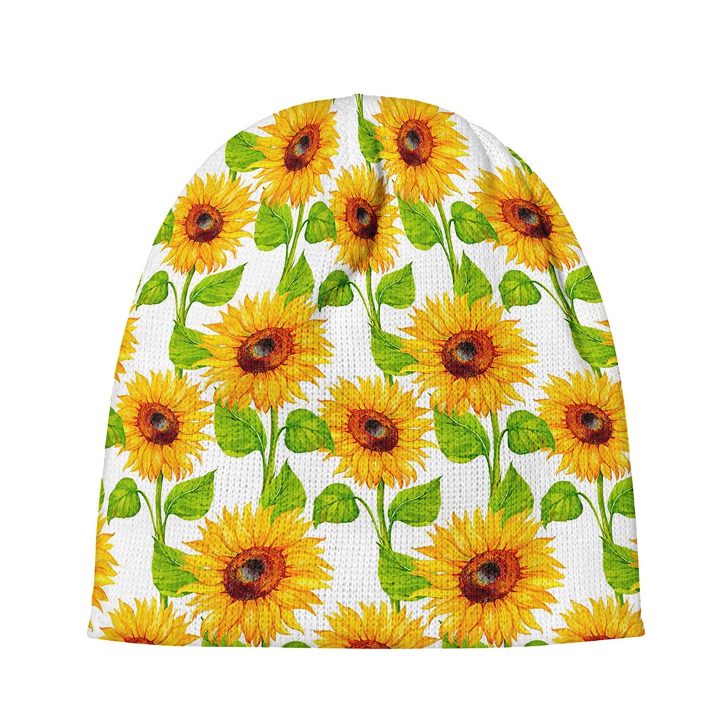 White Watercolor Sunflower Pattern Print Beanie