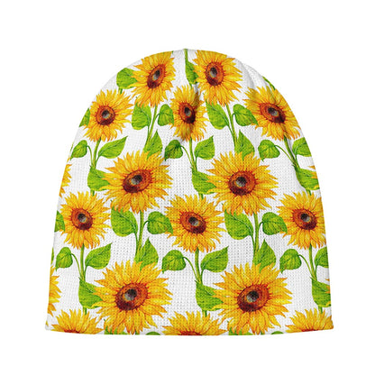 White Watercolor Sunflower Pattern Print Beanie
