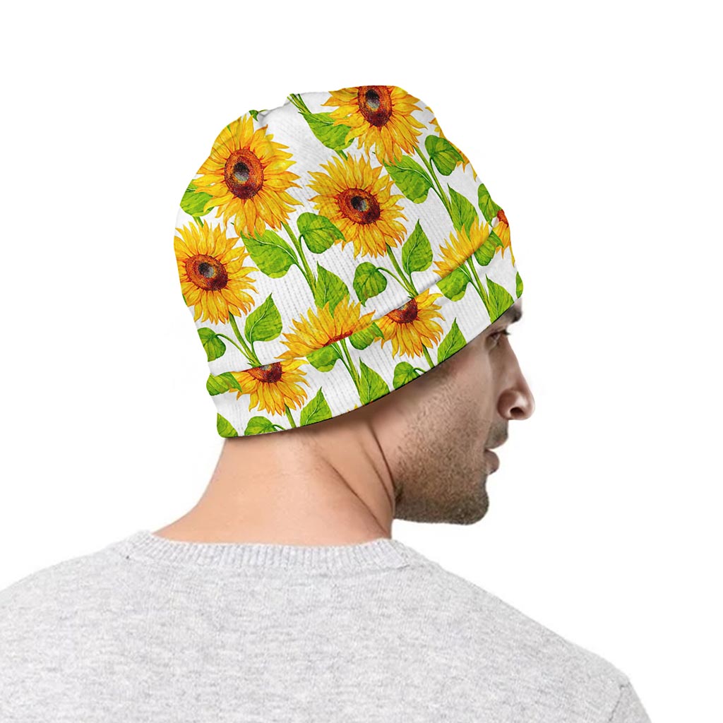 White Watercolor Sunflower Pattern Print Beanie
